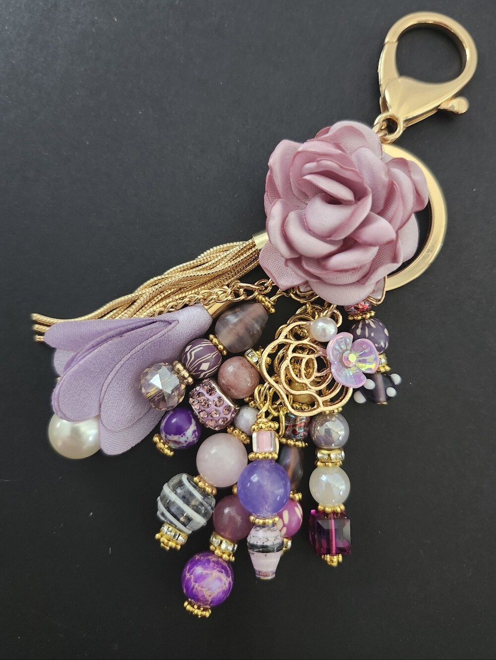 Floral Purse Charm or Keychain Quartz Stone Glass Paper Handcrafted - Picture 2 of 5